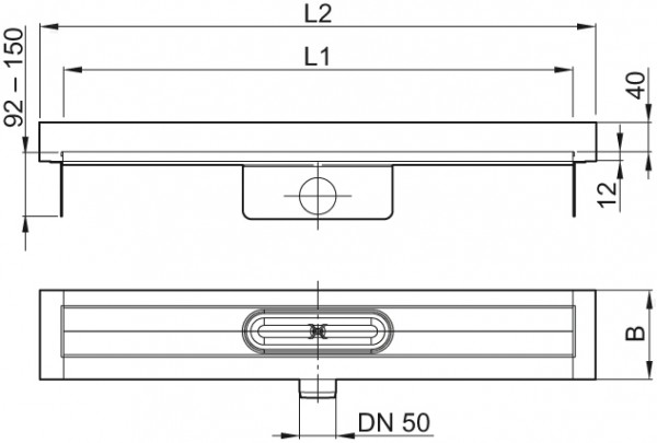 ACO Duschrinne ShowerDrain C 92mm hoch, Aufkantung hinten 1200mm