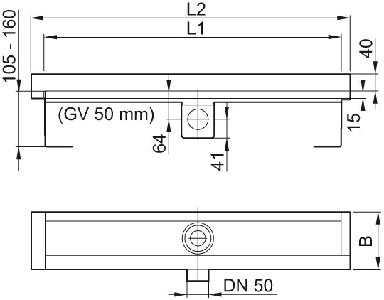 ACO Duschrinne ShowerDrain E DN 50 Aufkantung hinten u rechts 1200mm