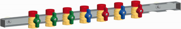 PAW Kugelhahnschiene G3/4", 7-fach 3/4" AG, 3/4" IG 3x grün, 2x blau, 2x rot