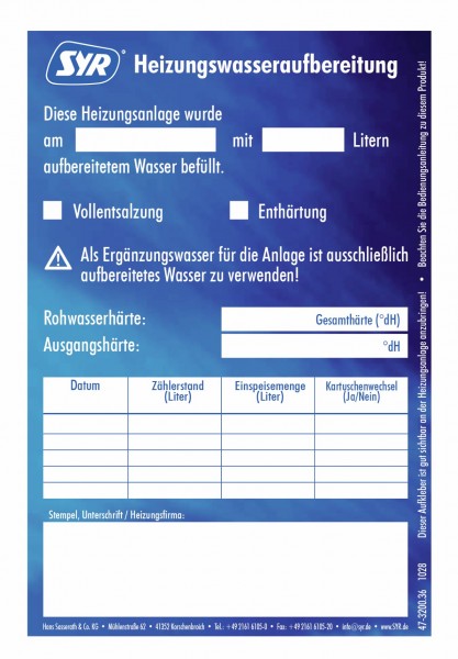 SYR Block Heizungswasseraufbereitung 25 Aufkleber