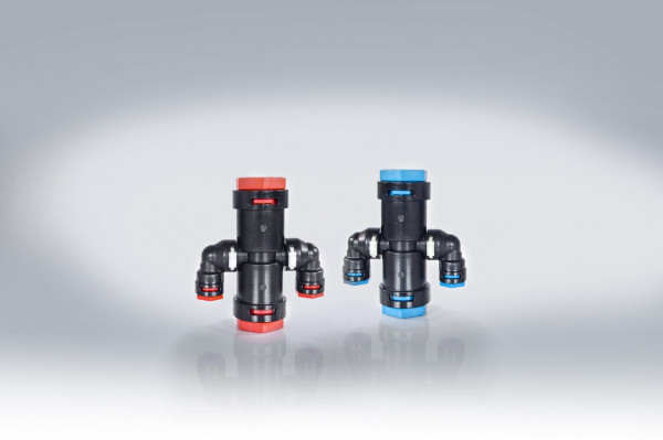 EMPUR Steckfitting H/K Element für Alu-Rohr 20 x 2,0 mit 2 Abgängen, 8 x 1,0mm(blau)