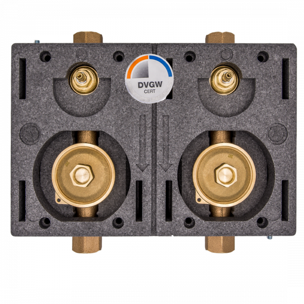 DELTAMESS Miniblock Duo Koax 2" 3/4" IG, Rotguss mit Spindelventil